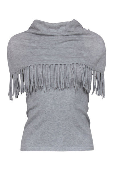 Current Boutique-Minnie Rose - Light Grey Cowl Neck Knit Shirt w/ Fringe Trim Sz XS