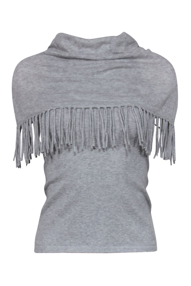 Current Boutique-Minnie Rose - Light Grey Cowl Neck Knit Shirt w/ Fringe Trim Sz XS