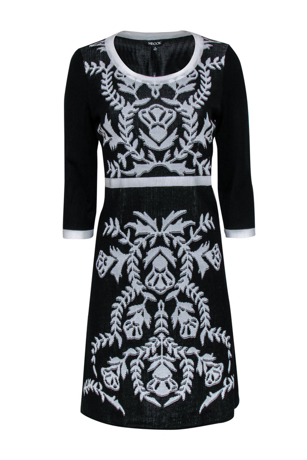 Current Boutique-Misook - Black & White Print Long Sleeve Knit Midi Dress Sz S