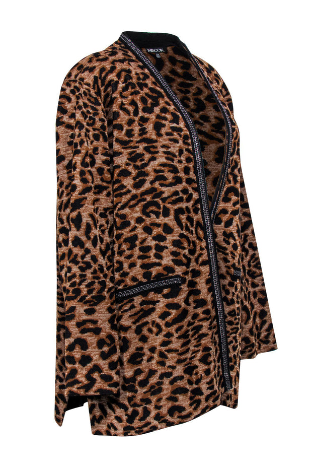 Current Boutique-Misook - Brown Leopard Print Longline Open Front Cardigan w/ Chain Trim Sz 2X