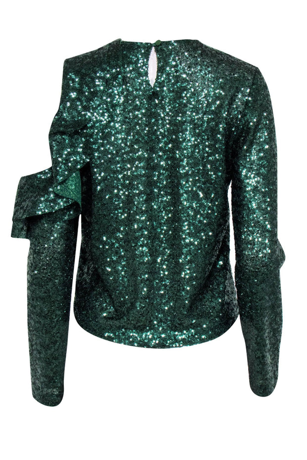 Current Boutique-Miss Anouki - Green Sequin Blouse w/ Open Shoulder & Ruffle Sz S/M