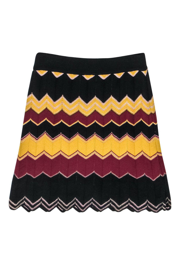 Current Boutique-Missoni - Black, Yellow & Red Chevron Print Scalloped Knit A-Line Skirt Sz 6