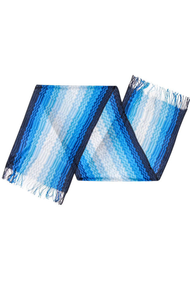 Current Boutique-Missoni - Blue & White Ombre Chevron Knit Scarf w/ Fringe