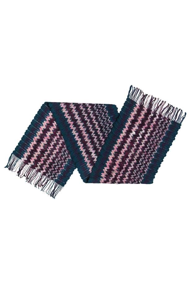 Current Boutique-Missoni - Dark Teal, Purple & Pink Chevron Knit Wool Blend Scarf w/ Fringe