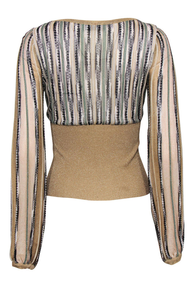Current Boutique-Missoni - Gold Patterned Knit Puff Sleeve V-Neck Top Sz 2