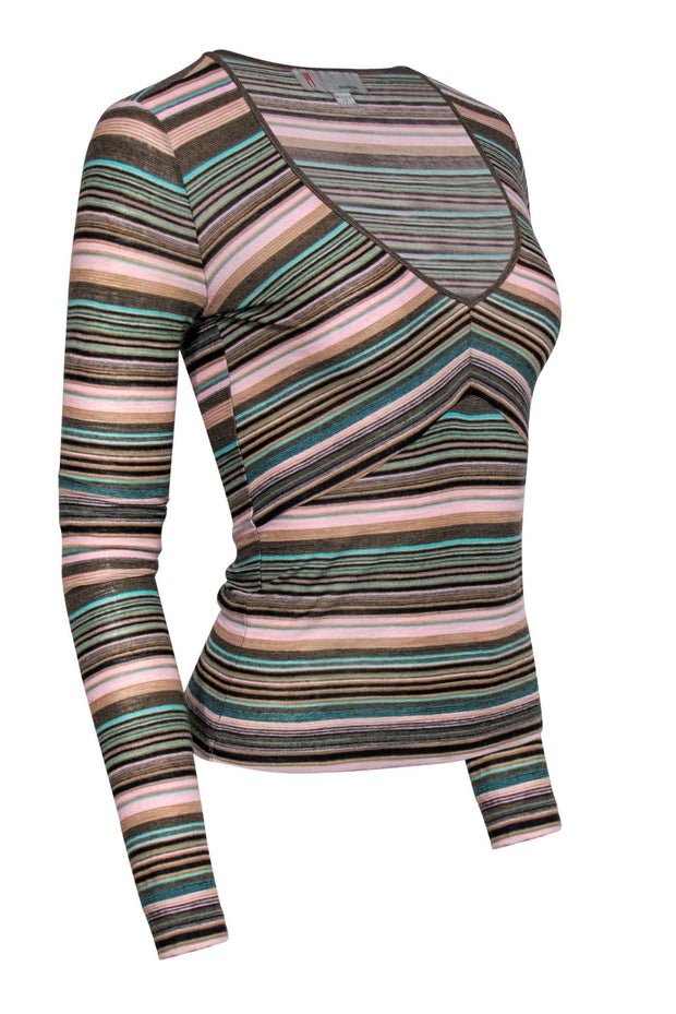 Current Boutique-Missoni - Green, Pink & Brown Striped Scoop Neck Top Sz S