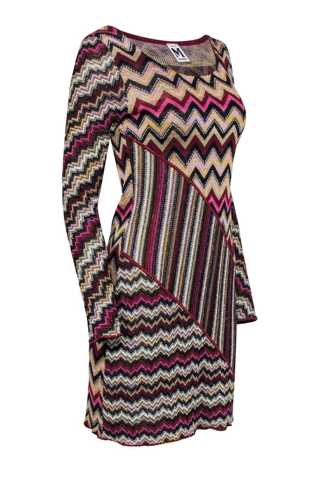 Current Boutique-Missoni - Metallic Burgundy w/ Stripe & Chevron Print Dress Sz 6