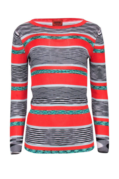 Current Boutique-Missoni - Red, Black, & White Knit Sweater w/ Classic Striped Design Sz M