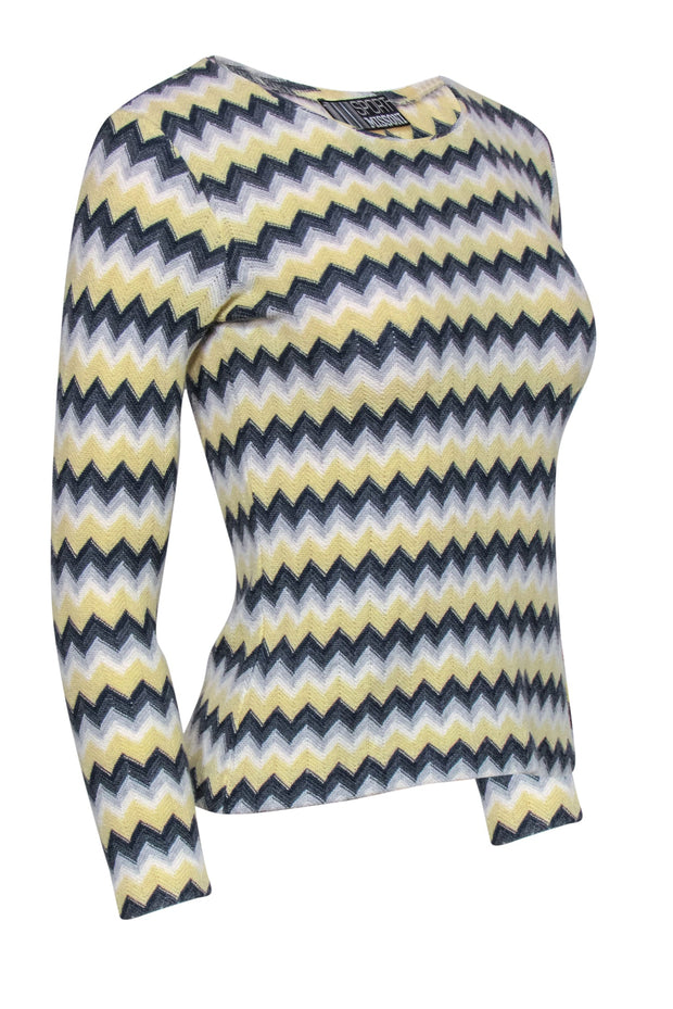 Current Boutique-Missoni Sport - Light Yellow, Grey & White Chevron Wool Blend Sweater Sz 10