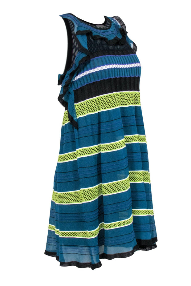 Current Boutique-Missoni - Teal & Yellow Knit Sleeveless Dress w/ Black Trim Sz 0