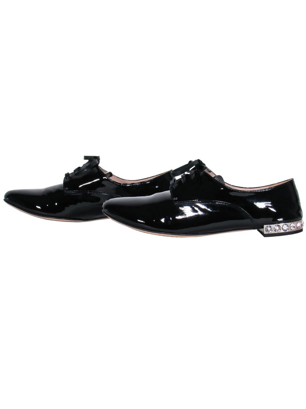 Current Boutique-Miu Miu – Black Patent Leather w/ Rhinestone Heel Oxford Loafers Sz 8