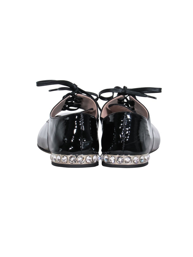 Current Boutique-Miu Miu – Black Patent Leather w/ Rhinestone Heel Oxford Loafers Sz 8