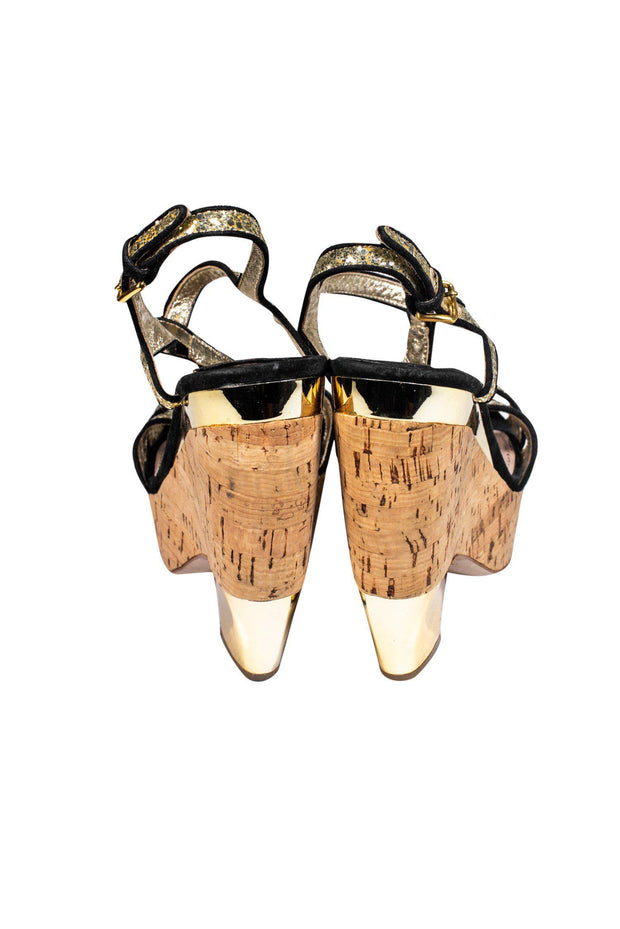 Current Boutique-Miu Miu - Gold Glitter Strappy Cork Platform Heels Sz 7