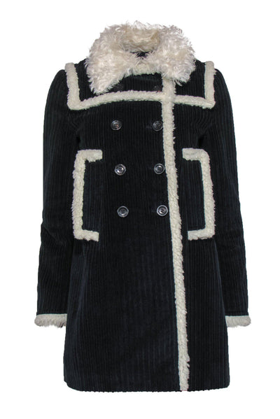 Current Boutique-Miu Miu - Navy Ribbed Double Breasted Coat w/ Faux Sherpa Trim Sz 4