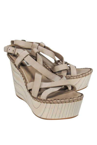 Current Boutique-Miu Miu - Taupe Grey Wood Wedge Sandals Sz 8