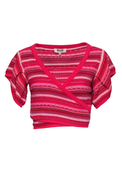 Current Boutique-Mochi - Pink Striped Knit Cotton Knotted Crop Top Sz XS