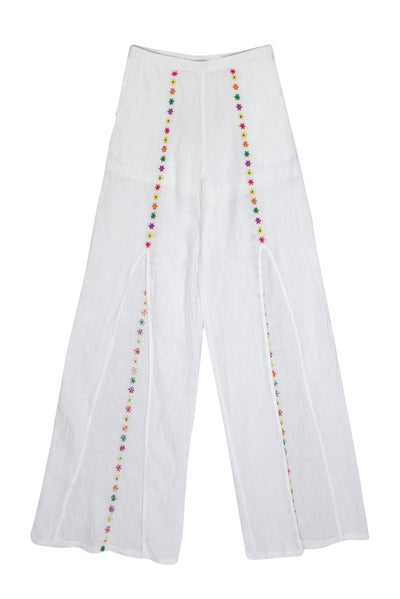 Current Boutique-Mochi - White Linen Floral Embroidered Wide Leg Pants w/ Front Slits Sz XS