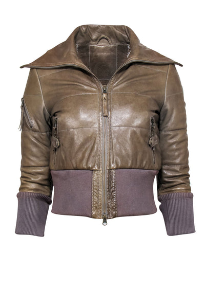 Current Boutique-Modern Vintage - Olive Lamb Leather Puff Bomber Jacket Sz XS