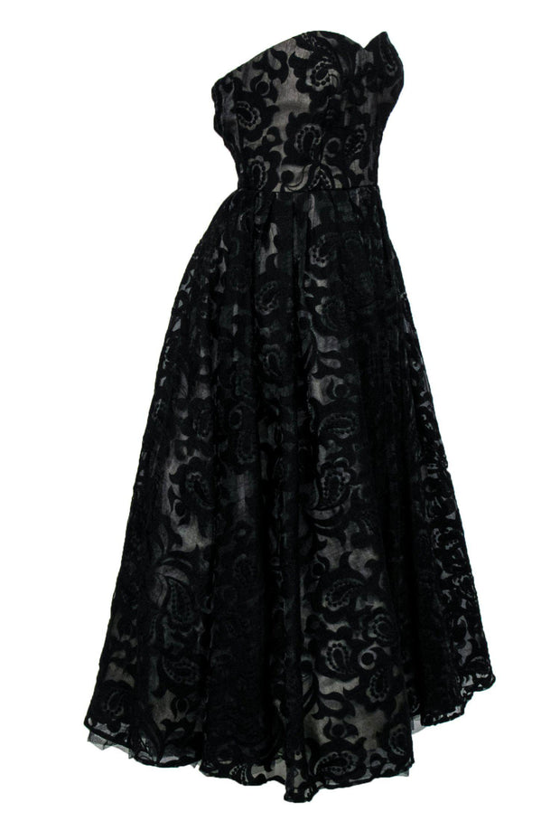 Current Boutique-Monique Lhuillier - Black Floral Lace Strapless Gown Sz 12