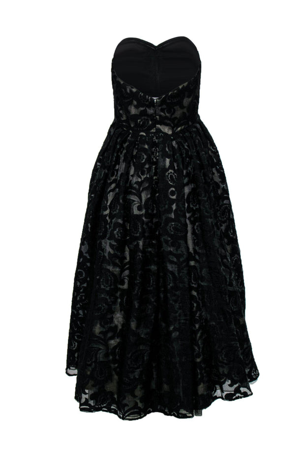 Current Boutique-Monique Lhuillier - Black Floral Lace Strapless Gown Sz 12