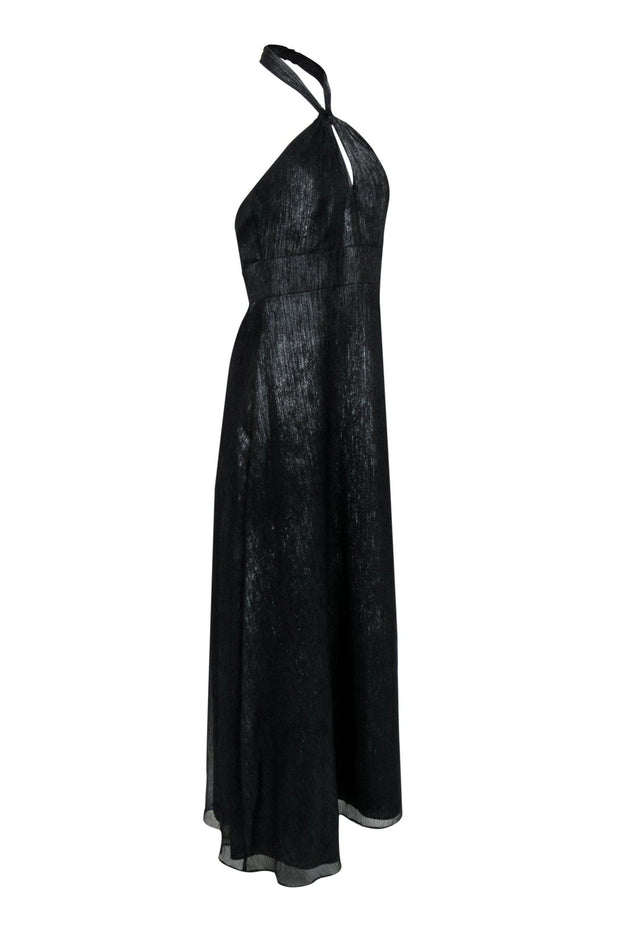 Current Boutique-Monique Lhuillier - Black Metallic Sleeveless Halter Gown Sz 10