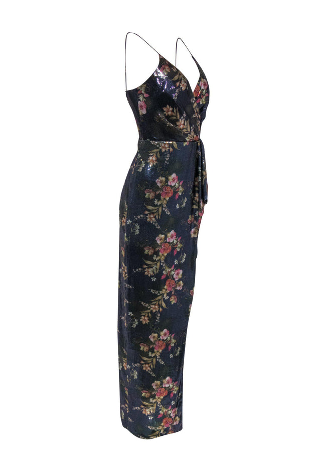Current Boutique-Monique Lhuillier - Blue Metallic Floral Print Sequin Gown Sz 6