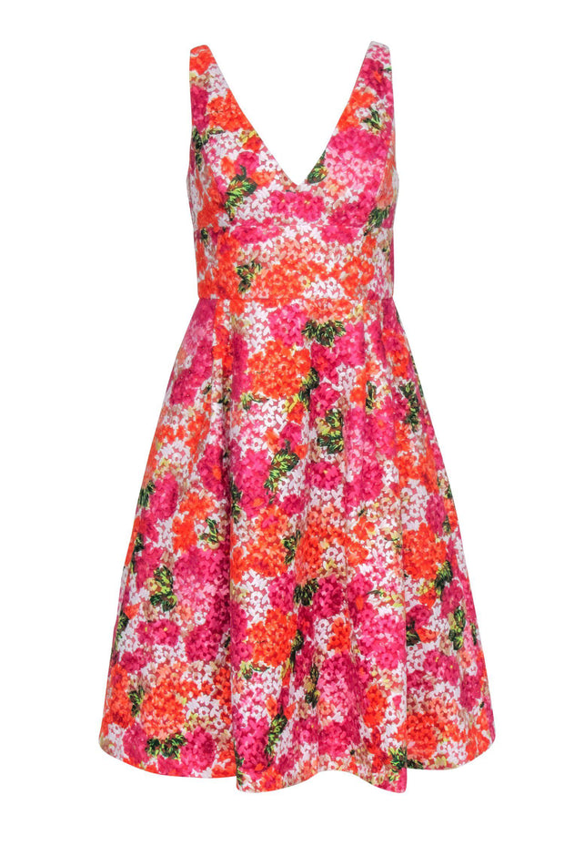Current Boutique-Monique Lhuillier - Orange, Green & Pink Floral Textured A-Line Dress Sz 8