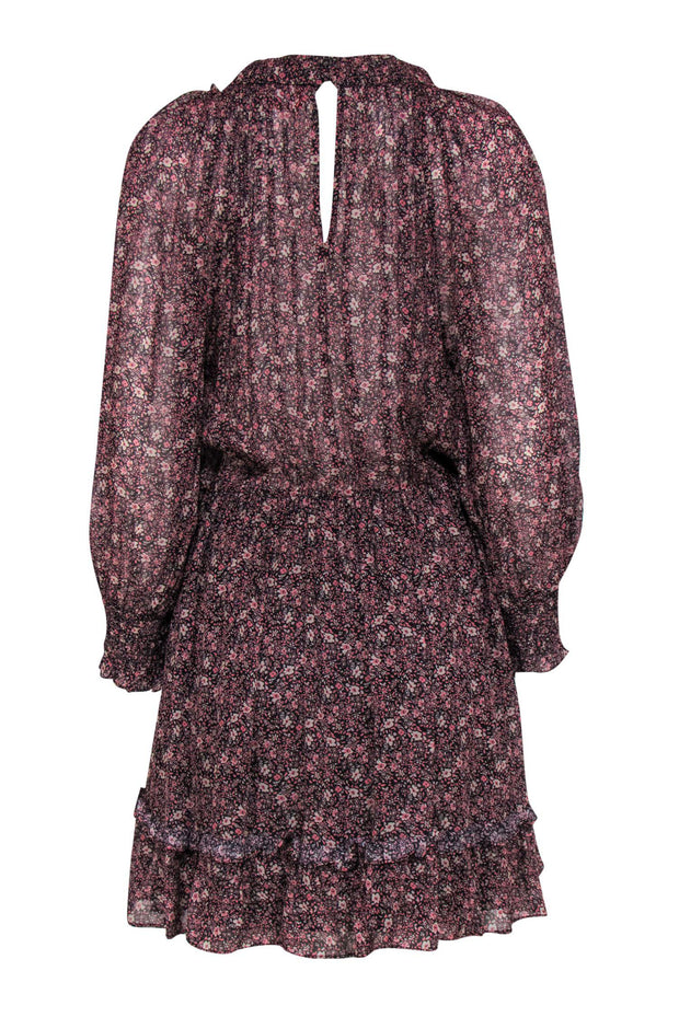 Current Boutique-Monique Lhuillier - Pink & Black Floral Print Fit & Flare Dress w/ Neck Tie Sz M