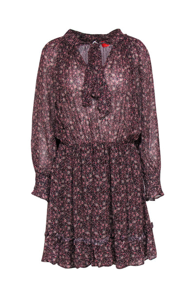 Current Boutique-Monique Lhuillier - Pink & Black Floral Print Fit & Flare Dress w/ Neck Tie Sz M