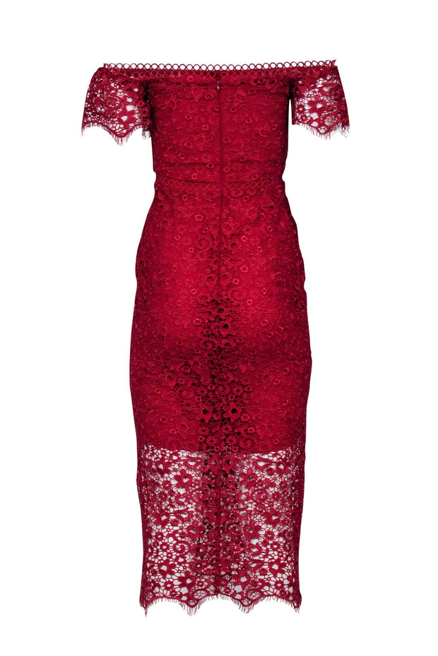 Current Boutique-Monique Lhuillier - Red Lace Off-The-Shoulder Midi Dress w/ Lace Sleeves Sz XS