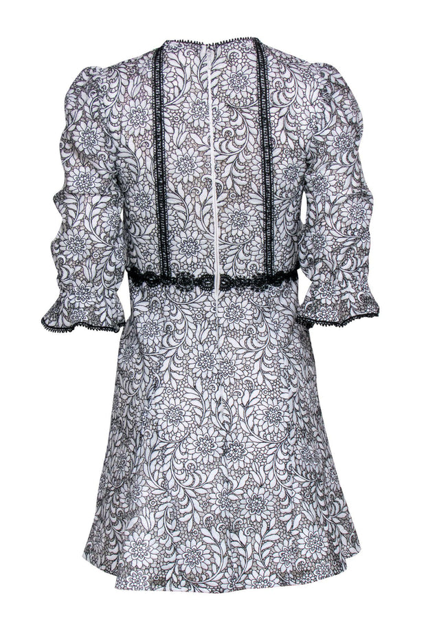 Current Boutique-Monique Lhuillier - White Floral Lace Puff Sleeve Fit & Flare Dress w/ Black Trim Sz 0P