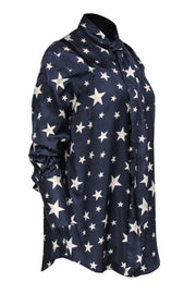 Current Boutique-Monse - Navy Star Print Silk Button-Up Blouse w/ Cold-Shoulder Cutouts Sz 2