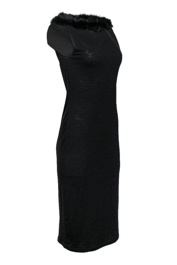 Current Boutique-Moschino - Black Sheath Midi Dress w/ Fur Collar Sz 12
