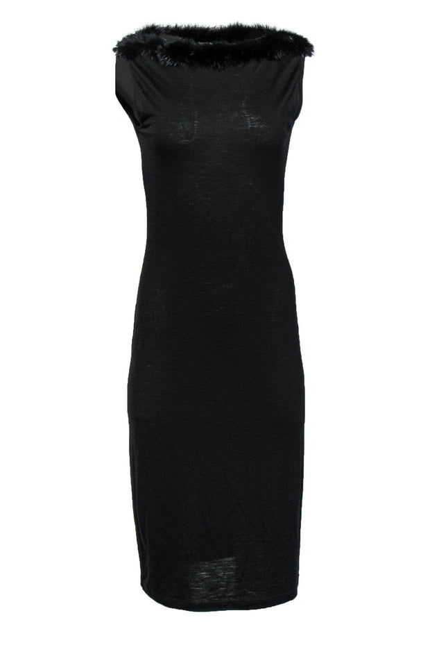 Current Boutique-Moschino - Black Sheath Midi Dress w/ Fur Collar Sz 12