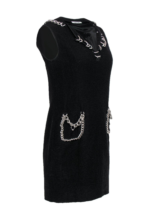 Current Boutique-Moschino - Black Tweed Sleeveless Sheath Dress w/ Chain Trim Sz 8