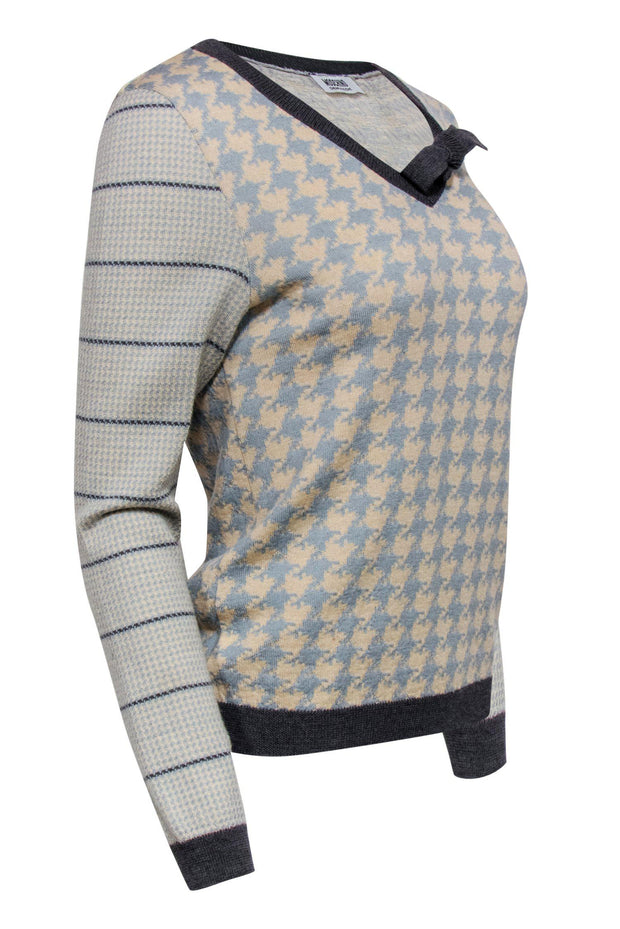 Current Boutique-Moschino - Blue & Cream Houndstooth & Striped Wool Sweater w/ Bow Sz S
