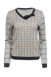 Current Boutique-Moschino - Blue & Cream Houndstooth & Striped Wool Sweater w/ Bow Sz S
