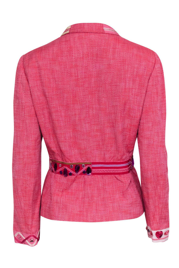 Current Boutique-Moschino Cheap & Chic - Pink Tweed Button-Up Blazer w/ Tie & Jeweled Trim Sz 12