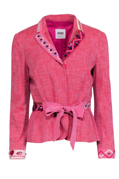 Current Boutique-Moschino Cheap & Chic - Pink Tweed Button-Up Blazer w/ Tie & Jeweled Trim Sz 12