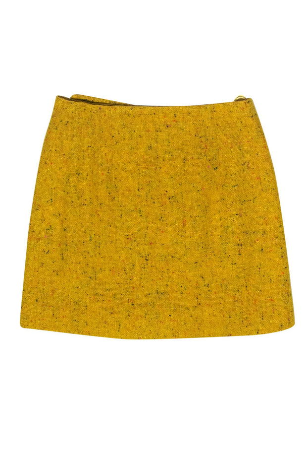 Current Boutique-Moschino Couture - Mustard Speckled Tweed Wool Wrap Miniskirt Sz 8