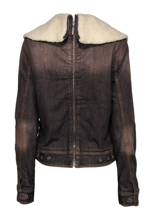 Current Boutique-Moschino Jeans - Brown Faux Sherpa Lined Denim Jacket w/ Jeweled Logo Embellishment Sz 14