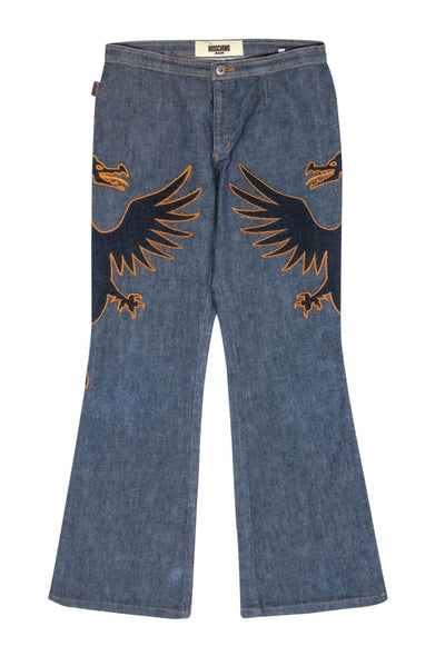 Current Boutique-Moschino Jeans - Medium Wash Flared Jeans w/ Embroidered Dragon Design Sz 6