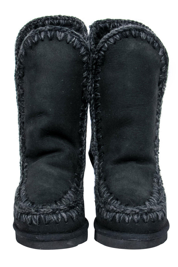 Current Boutique-Mou - Black Sheepskin Suede Stitched Eskimo-Style Boots w/ Built-In Wedge Sz 6
