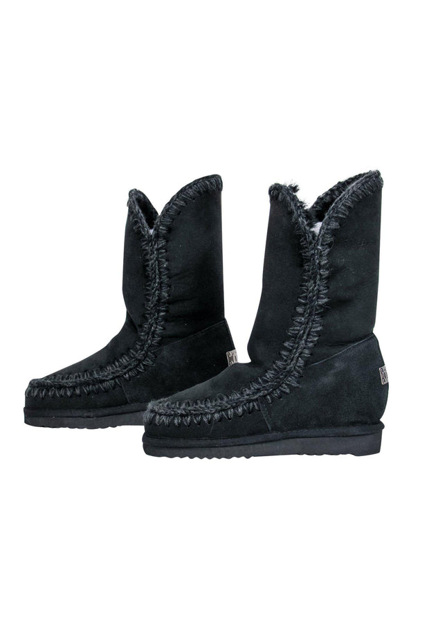 Current Boutique-Mou - Black Sheepskin Suede Stitched Eskimo-Style Boots w/ Built-In Wedge Sz 6