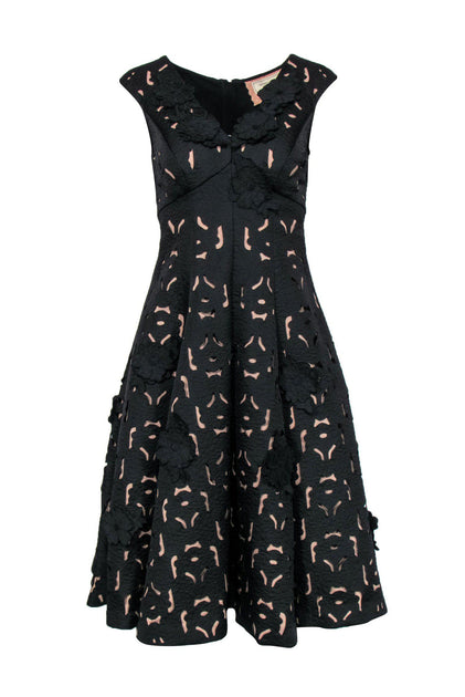 Moulinette Soeurs - Black Floral Applique Midi A-Line Dress Sz 2 ...