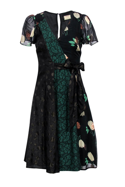 Current Boutique-Moulinette Soeurs - Black & Gold Polka Dot Faux Wrap Dress w/ Floral Print & Green Lace Sz 0
