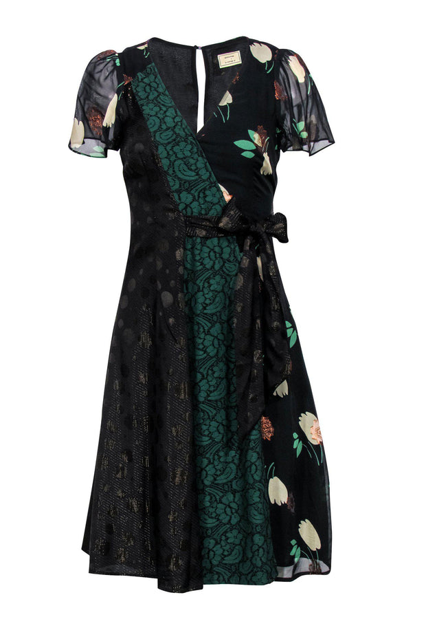 Current Boutique-Moulinette Soeurs - Black & Gold Polka Dot Faux Wrap Dress w/ Floral Print & Green Lace Sz 0
