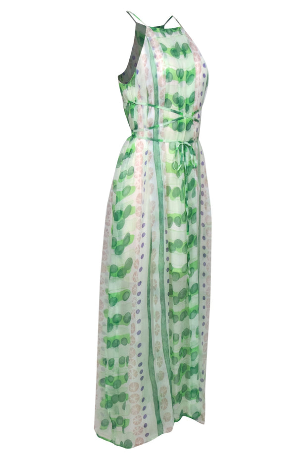 Current Boutique-Moulinette Soeurs - Green, White & Blue Printed Pleated Silk Maxi Dress Sz S