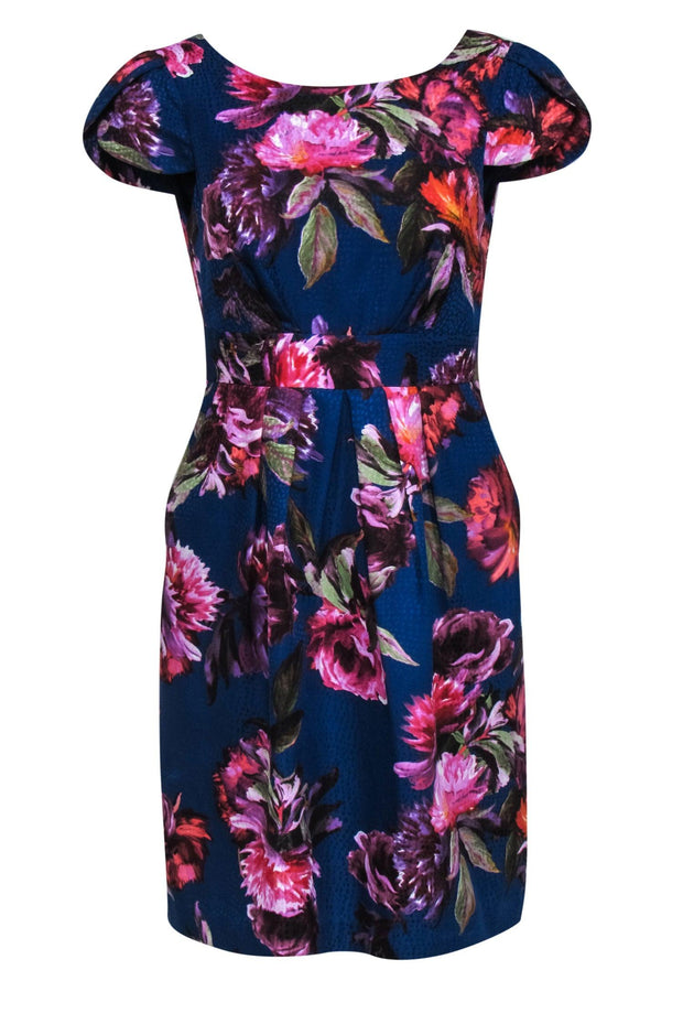 Current Boutique-Moulinette Soeurs - Navy Floral Print Satin Short Sleeve Dress Sz 4