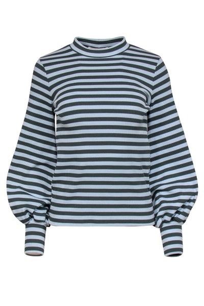 Current Boutique-Mr. Larkin - Light Blue & Dark Green Striped Balloon Sleeve Sweater Sz S